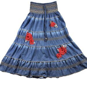 Lapis Women Denim Peasant Skirt Broomstick Tiered Embroidered Flowers Large K166